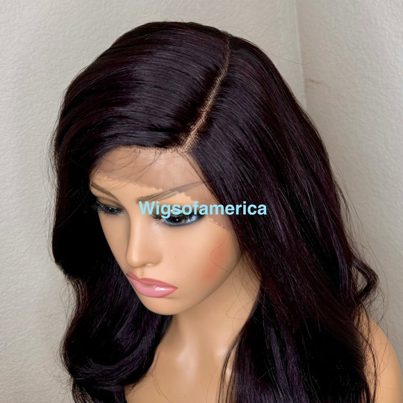 Burgundy wig  medium length lace front side part wavy layered 16 inch  Heat ok main image 5